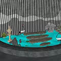 Garden Ornament Featuring Curved Pool Water Lilies Crane Statues Pagoda And Lattice Screen