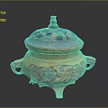 Ornate Antique Ceramic Censer With Carved Patterns Covered Lid Side Handles And Tripod Base