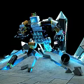 Intricate Mechanical Structure With Blue Glowing Elements Broken Stones And Scattered Metallic Parts
