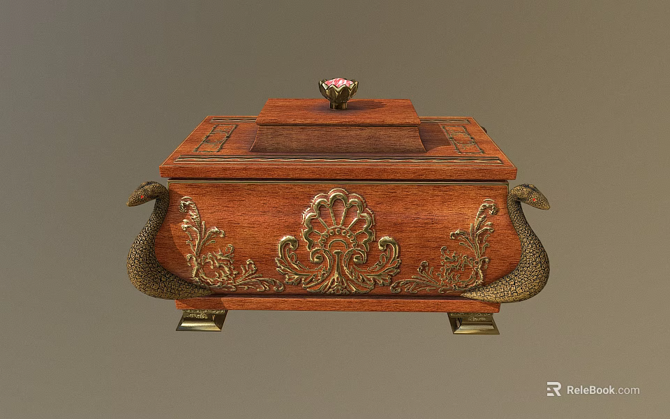 Antique Wooden Box Featuring Intricate Brass Peacock Motifs Carved Design And Top Ornament 3d model 