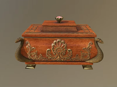 Antique Wooden Box Featuring Intricate Brass Peacock Motifs Carved Design And Top Ornament 3d model
