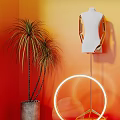 Fashion Clothing Store Window Display With White Mannequins Circular Light Rings And Potted Plant