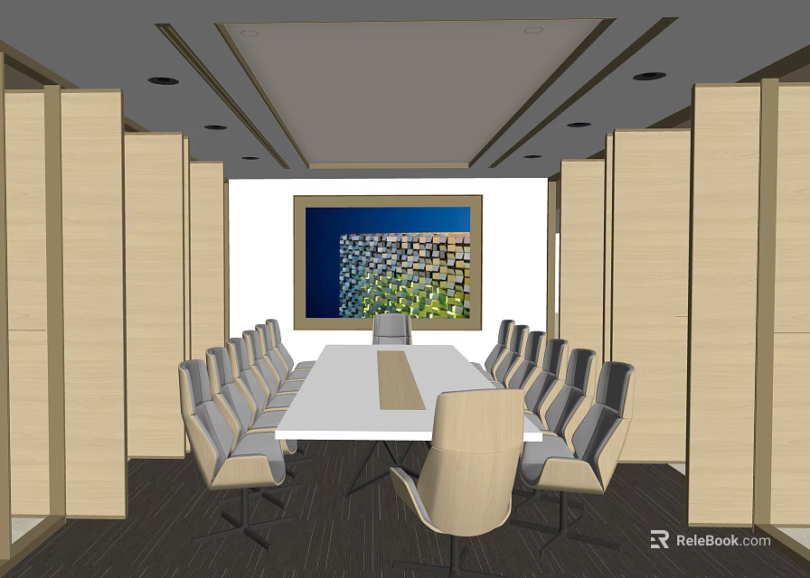 Modern Conference Room With Long White Table Gray Chairs And Large Wall Screen 3d model 