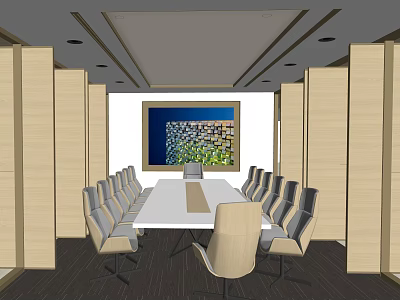 Modern Conference Room With Long White Table Gray Chairs And Large Wall Screen 3d model