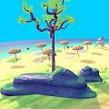 Cartoon Scene Of Tropical Island With Sandy Beach Trees Umbrellas Lounge Chairs Surfboards And Blue Sea