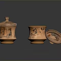 Orange Red Pottery Jar Sculptures With Carved Patterns Lids And Dark Background Reflections