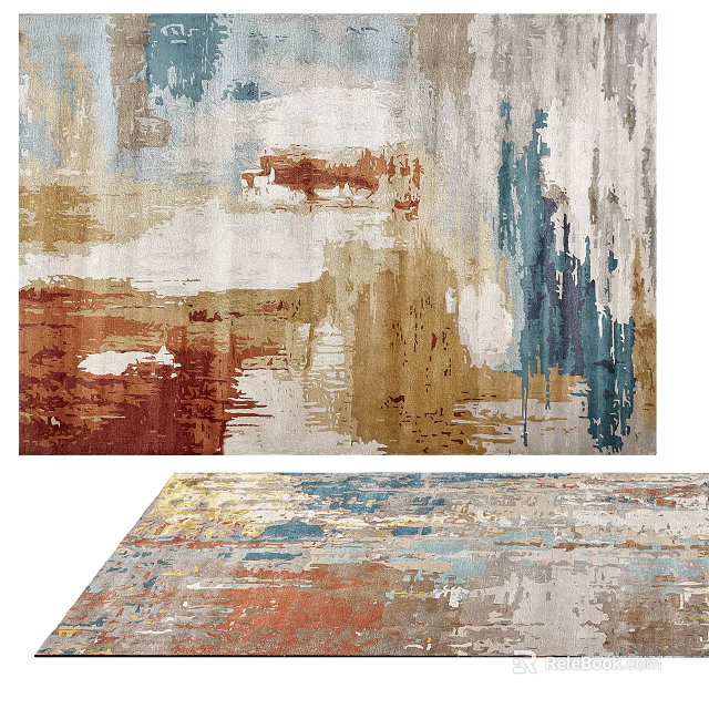 Artistic Abstract Square Rug With Vibrant Blue Brown Beige Red Tones 3d model 