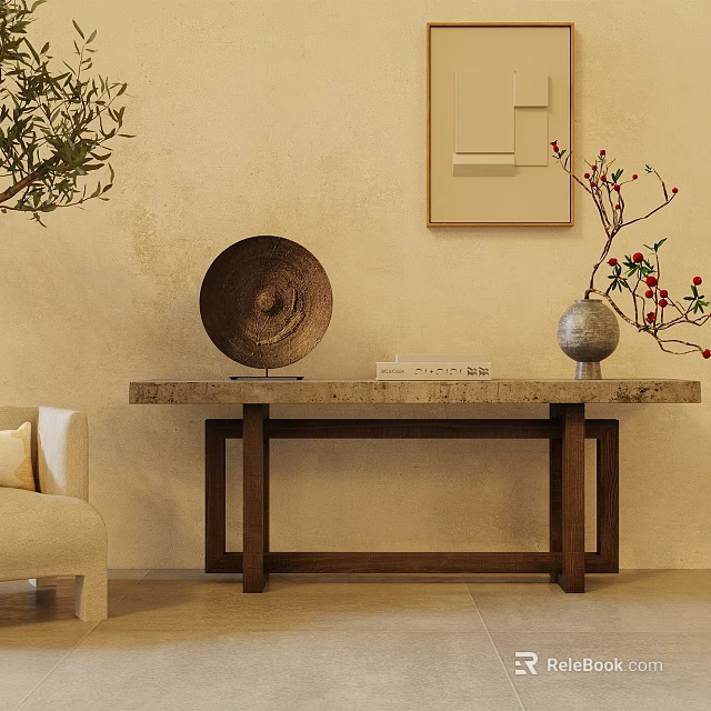 Natural Elegant Entryway Console Table With Wooden Frame Marble Top And Decorative Vase 3d model 
