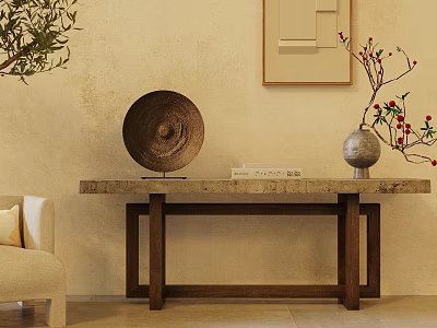 Natural Elegant Entryway Console Table With Wooden Frame Marble Top And Decorative Vase 3d model