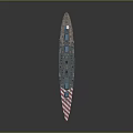 Blue Battleship Featuring Red and White Striped Hull and Multiple Main Turrets 3d model