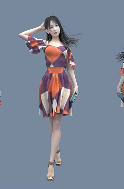Fashionable Woman In Colorful Dress Holding Handbag And High Heels From Multiple Angles 3d model