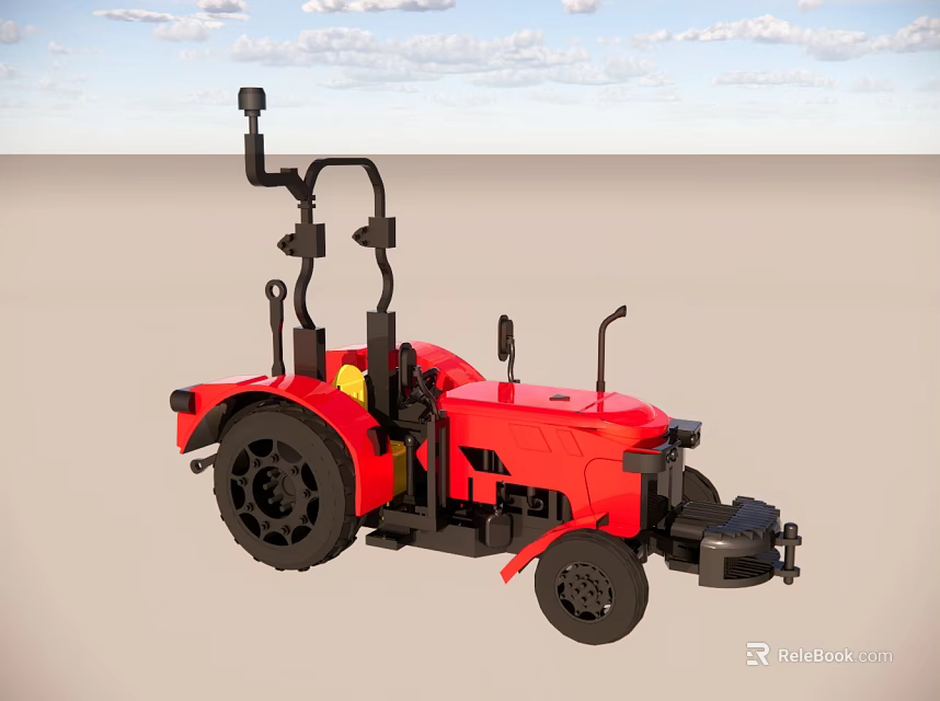 Red Tractor Model With Black Wheels And Machinery In Open Field 3d model