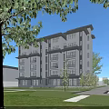 Modern Townhouse Exterior With Courtyard Pink Blossom Trees And People Walking