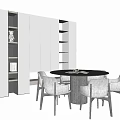 Modern Round Dining Table Set With Light Chairs And White Storage Cabinet 3d model