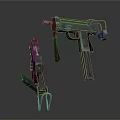 3D Rendered Firearms Equipment Including Submachine Gun And Magazine On Dark Background