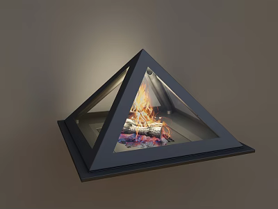 Modern Triangular Fireplace With Glass Panels And Burning Wood Logs Flames 3d model
