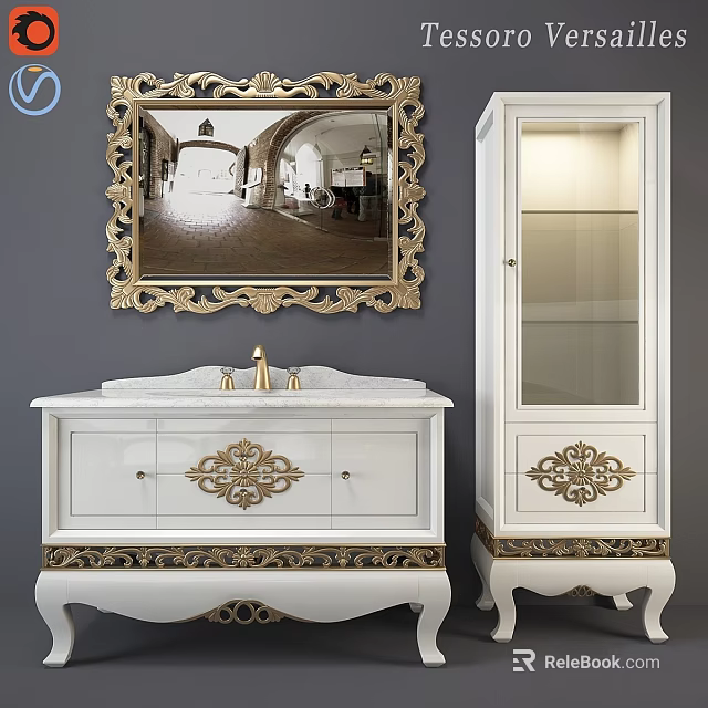 Elegant White Bathroom Vanity With Golden Ornate Carvings Decorative Mirror And Glass Door Cabinet 3d model 