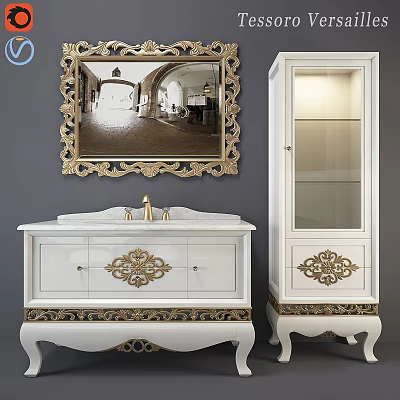 Elegant White Bathroom Vanity With Golden Ornate Carvings Decorative Mirror And Glass Door Cabinet 3d model