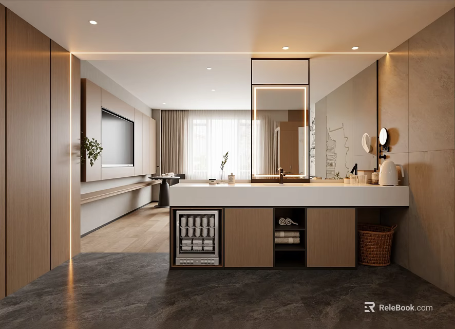Modern Hotel Guest Room Bathroom With Large Mirror Vanity And Wooden Storage Cabinets 3d model 