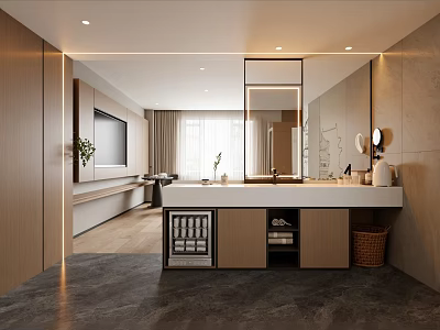 Modern Hotel Guest Room Bathroom With Large Mirror Vanity And Wooden Storage Cabinets 3d model