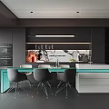 Modern Restaurant Kitchen With Dark Cabinets Turquoise Island Counter And Grey Chairs