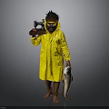 Person In Yellow Raincoat With Spiked Hat Mask Holding Sewing Machine And Fish