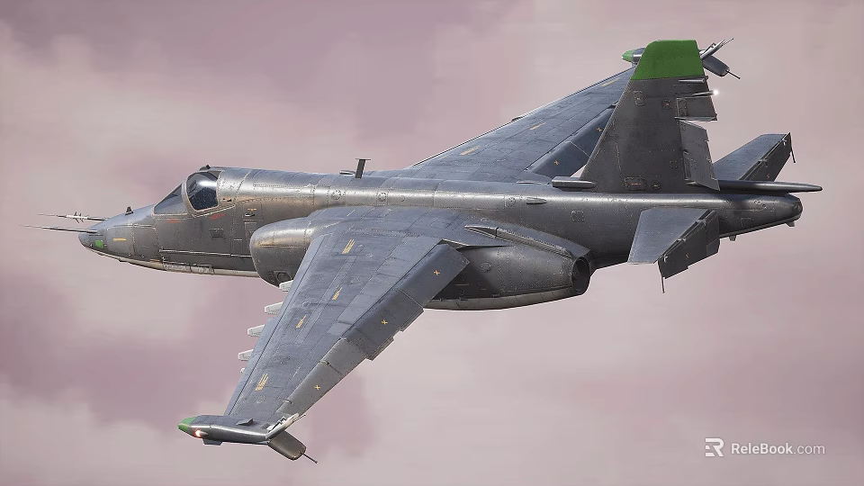 Metallic Gray Fighter Jet With Green Tail Flying In Pink Sky With Clouds 3d model 