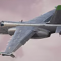 Metallic Gray Fighter Jet With Green Tail Flying In Pink Sky With Clouds