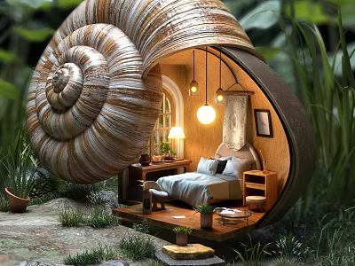 Future Architecture Snail Shell Shaped House With Wooden Bedroom And Natural Greenery 3d model