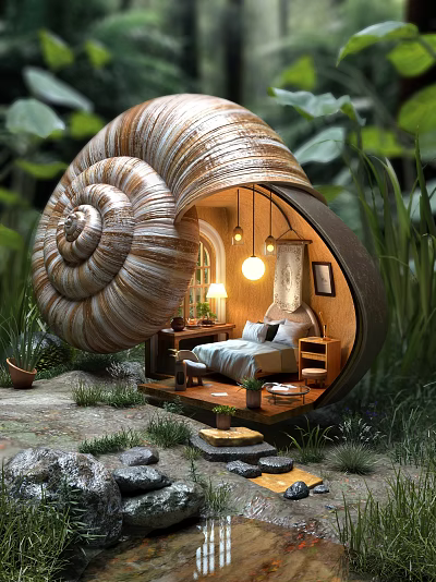 Future Architecture Snail Shell Shaped House With Wooden Bedroom And Natural Greenery 3d model