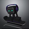 3D Robot Character Wearing Purple Headphones And Green Eyes Sitting On Skateboard