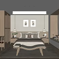 Modern Bedroom Interior Design With Wooden Wardrobe Bedside Wall Art Pendant Lights And Foot Bench