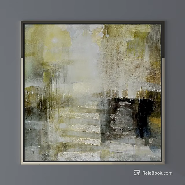 Modern Picture Frame Featuring Abstract Painting With Neutral Yellow Green And Black Tones 3d model 