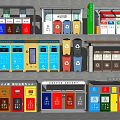 Public Recycling Facilities With Color Coded Waste Bins And Multi Compartment Trash Cans 3d model