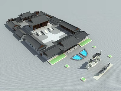 Traditional Chinese Ancient Architecture Courtyard Featuring Multiple Roofs Plaza Decorative Ponds And Stone Carvings 3d model