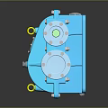 Household Appliance Blue Mechanical Structure With Bolts Circular Parts Green Shaft And Yellow Knobs