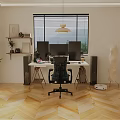 Public Office Space With Organized Workstation Multiple Monitors Laptop Headphones Shelf Plant And Perforated Wall