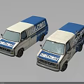 Two Blue And White HALCON Vans With Cracked Windshields On Reflective Surface 3d model