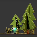 Cartoon Scene With Green Trees Blue Frog And Small Pond On Pink Ground