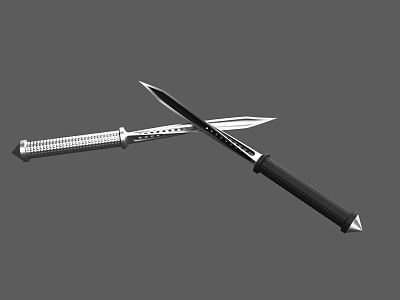 Two Crossed Knives With Silver Textured Handle And Black Grip Sharp Blades 3d model