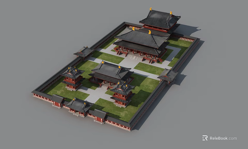 Ancient Chinese Architecture With Symmetrical Layout Multiple Buildings Green Lawn Black Roofs And Golden Decorations 3d model 