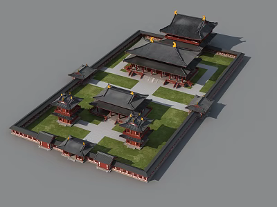 Ancient Chinese Architecture With Symmetrical Layout Multiple Buildings Green Lawn Black Roofs And Golden Decorations 3d model