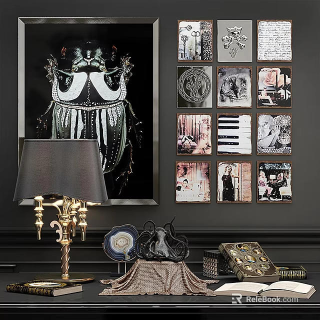 Vintage Artistic Decorative Ornament Set With Beetle Wall Art Square Framed Artworks And Table Lamp 3d model 