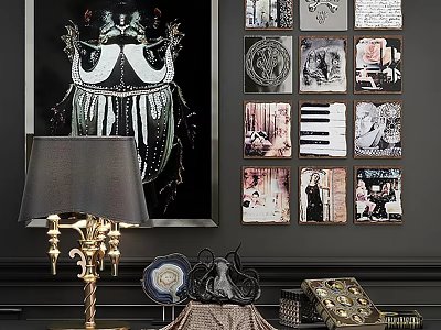 Vintage Artistic Decorative Ornament Set With Beetle Wall Art Square Framed Artworks And Table Lamp 3d model