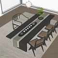 Modern Wooden Tea Table and Chairs with Tea Set Teapot Cups and Green Plant