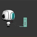 Cartoon White Robot Holding Game Controller With Green Device And Cable On Gray Floor