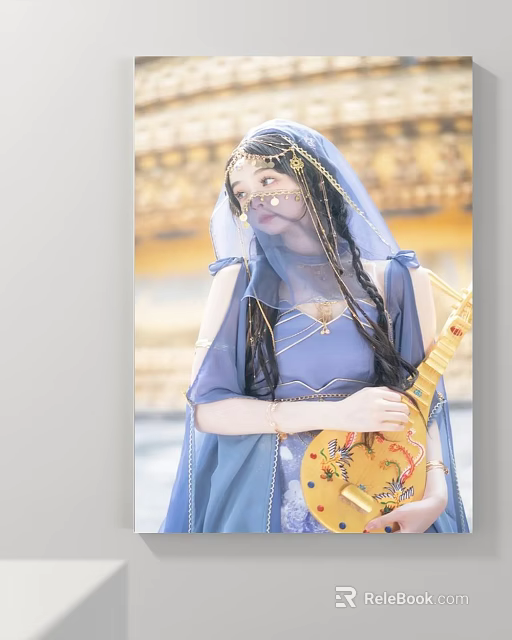 Portrait of a Woman in Traditional Blue Attire With Veil and Yellow Lute 3d model 