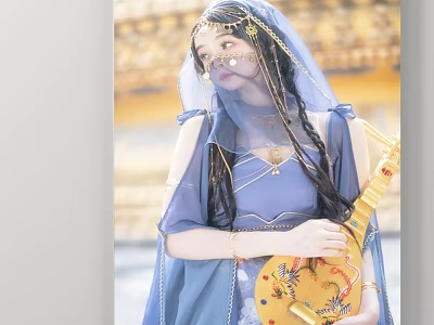Portrait of a Woman in Traditional Blue Attire With Veil and Yellow Lute 3d model