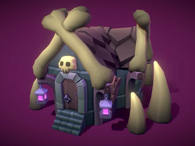 Haunted Bone Structured Hut With Skull Decor Hanging Lanterns And Spiked Surroundings 3d model