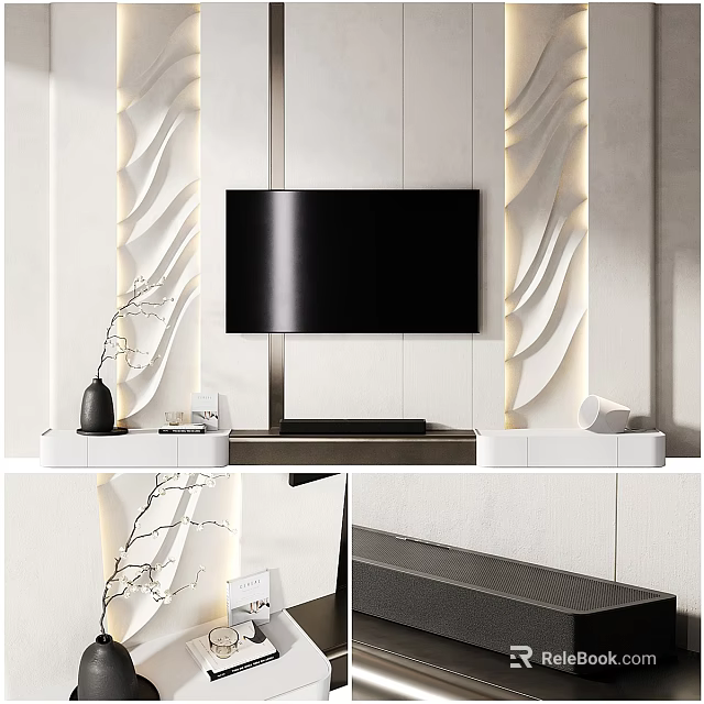 Modern TV Stand With White Design Wavy Wall Panels And Decorative Lighting Elements 3d model
